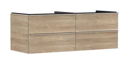 Waschtischunterschrank in Holzoptik mit vier Schubkästen. Von Hansgrohe, geeignet für Konsolen und Aufsatzwaschtische. Schlichte, funktionale Gestaltung.